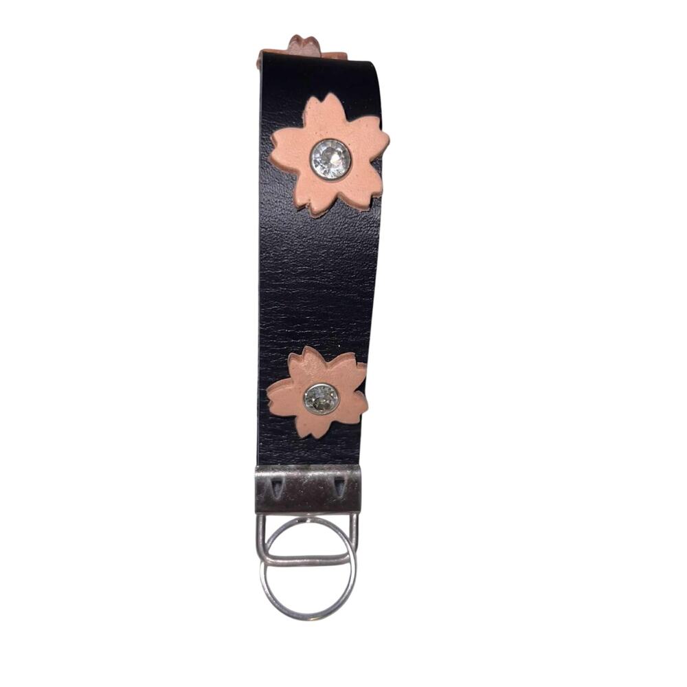 Handmade Repurposed Leather Keychain w/ Pink Flower & Rhinestone Accents